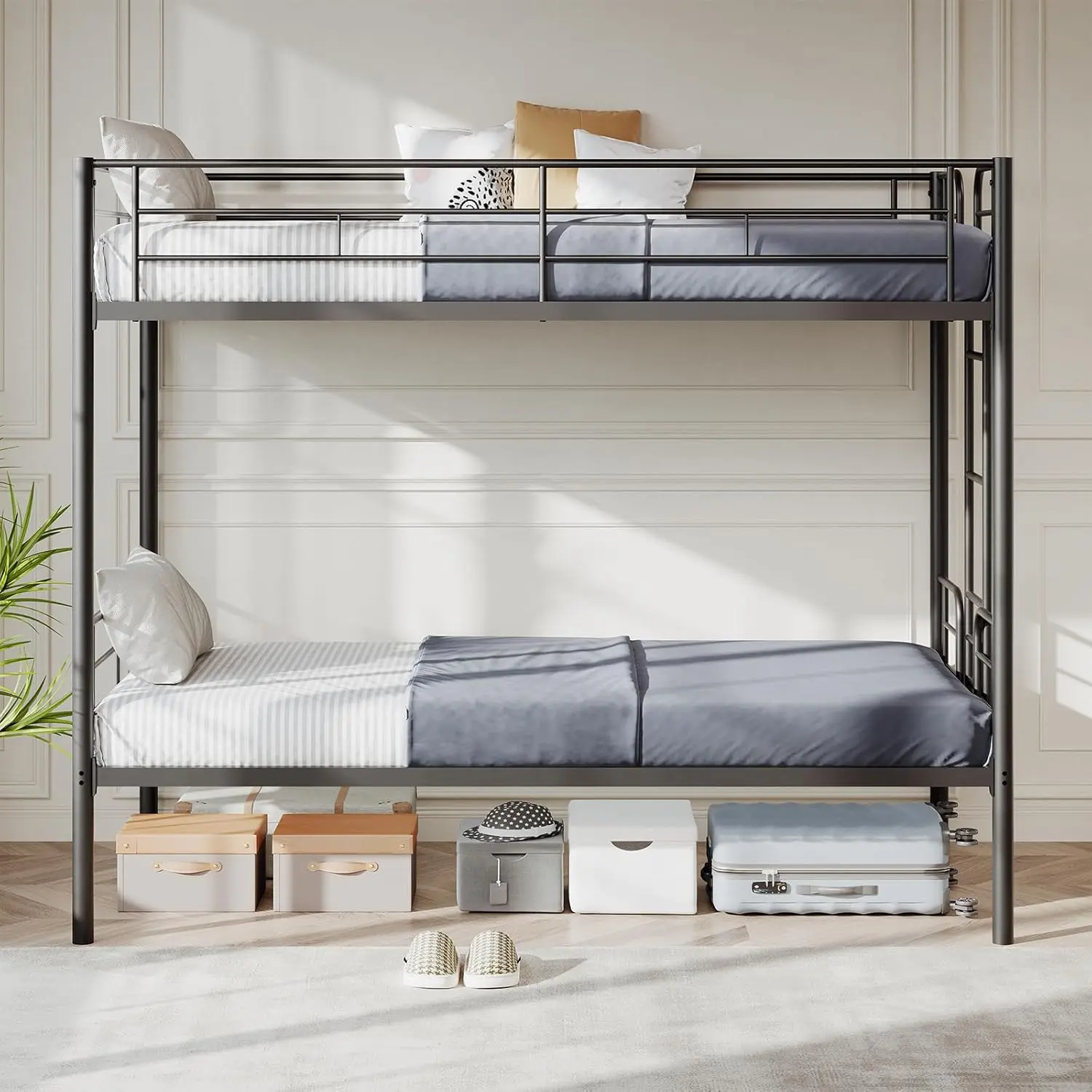 Metal Bunk Bed Twin Over Twin with Ladder & Guardrail, Heavy Duty 400 lbs Per Bunk, No Box Spring Needed, Space Saving Bunkbed for Kids, Teens, Siblings & Guest Room