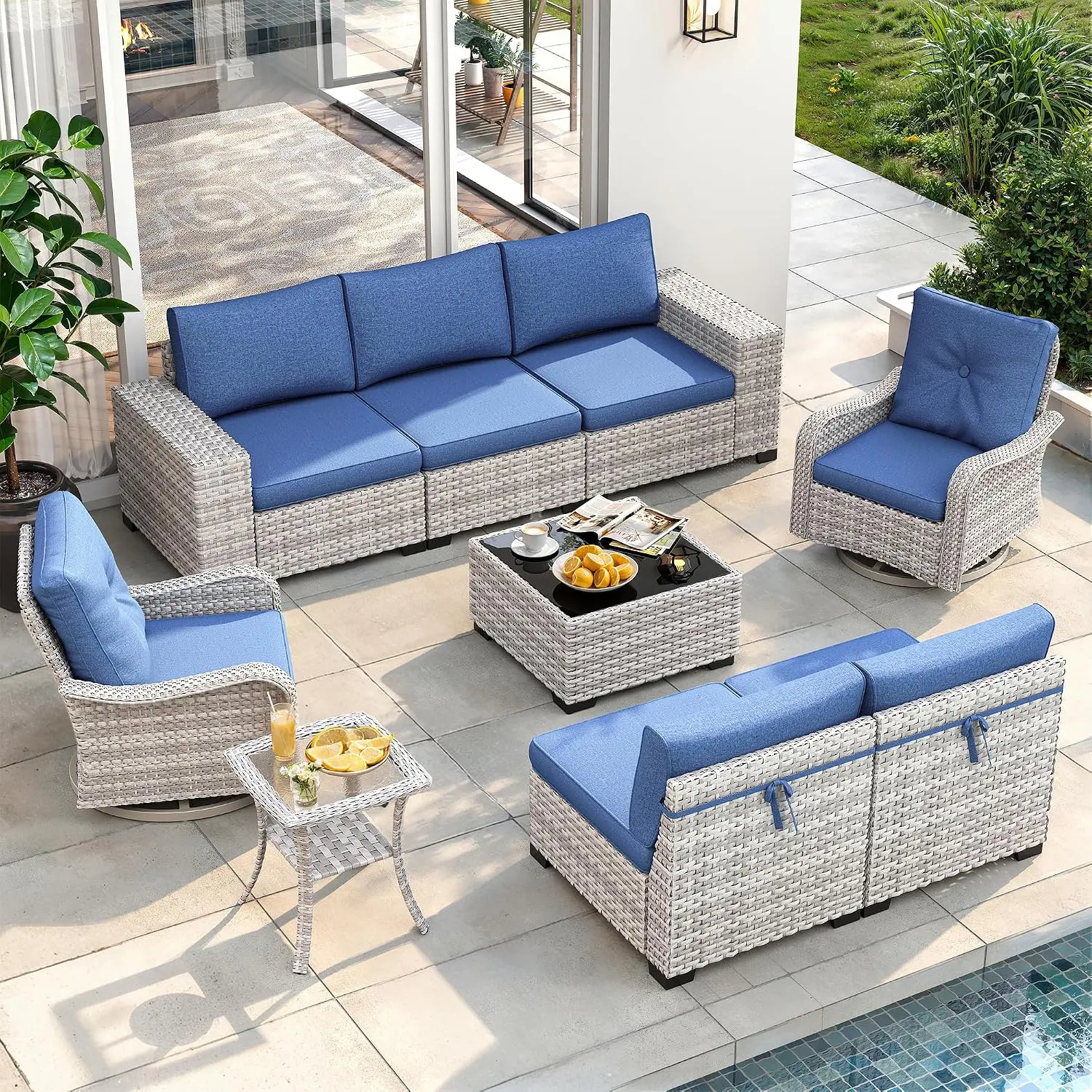 9-Piece Outdoor Wicker Patio Furniture Set - Patio Conversation Set with Swivel Chairs, 4" Thick Cushions, All-Weather Rattan Coffee Table for Garden, Backyard, Patio Furniture Sets, Outdoor Furniture Set