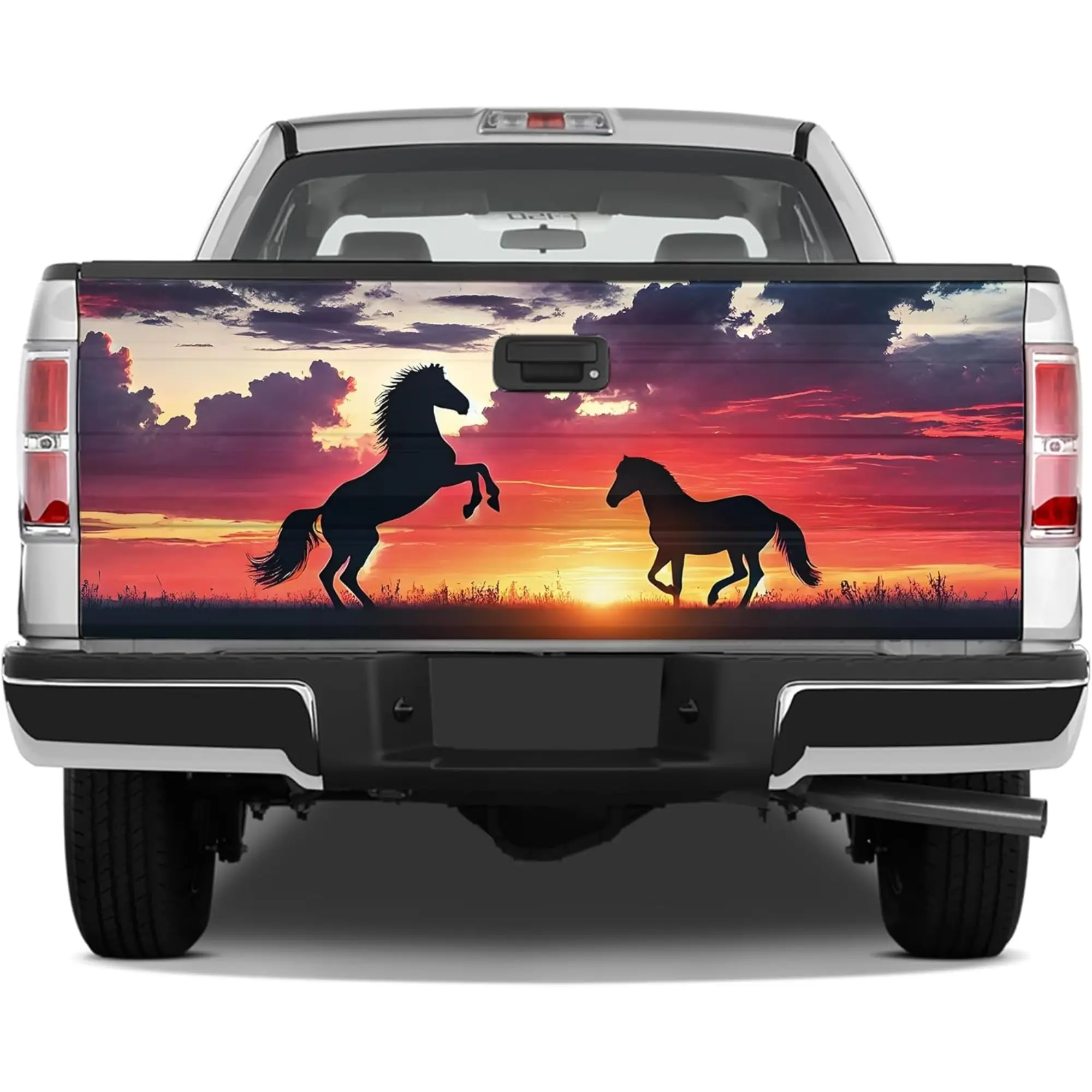 Wild Horses Sunset Truck Tailgate Wrap – Rearing Stallion Silhouette 2D Printed Graphic, Western Prairie Pickup Tailgate Decal, Rustic Ranch Vehicle Exterior Decor, Horse Lover Gift for Men and Women