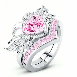 Cubic Zirconia Set of 2 Heart-Shaped Couple Rings for Valentine's Day, Wedding, and Engagement