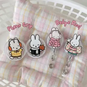 Cute Miffy Badge Reel and Phone Grip, Bunny Accessories For Students, Cute Retractable Acrylic ID Name Tag Holder and Kindle Grip,Gift For Her