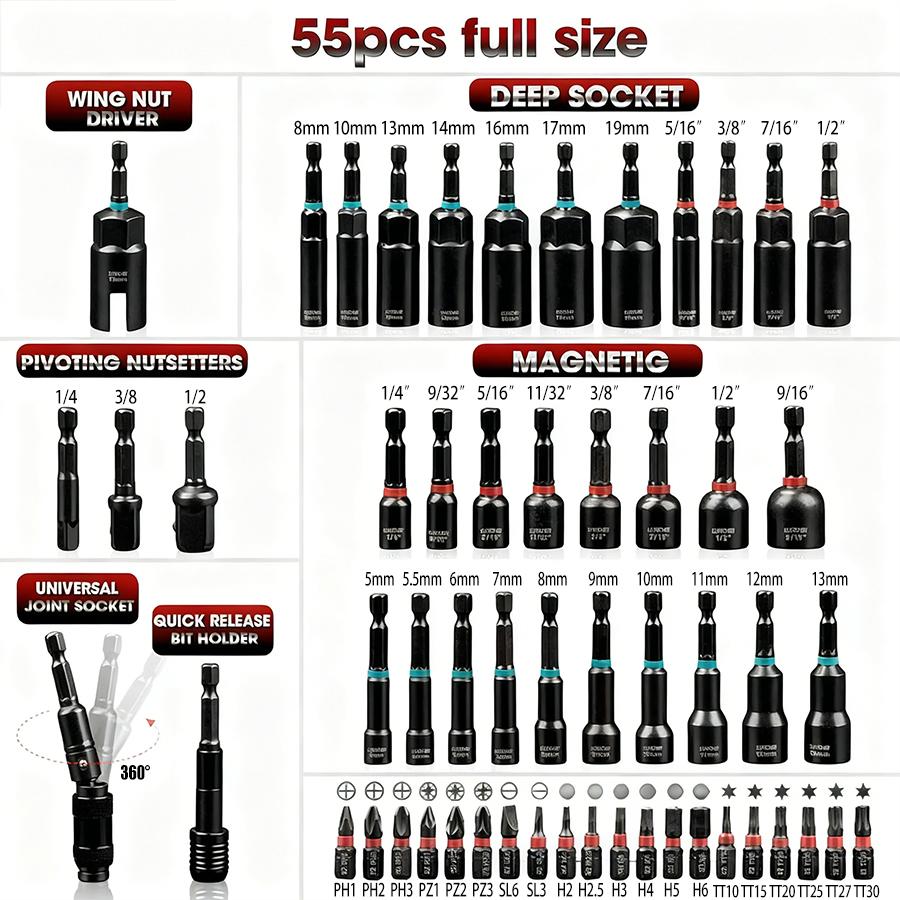 Magnetic Impact Nut Driver Set, 55pc Metric & SAE with Socket Adapters, Bit Holder, Wing Nut Driver, Universal Sockets, Quick Release Extension, Power Bits toolbox screwdriver set
