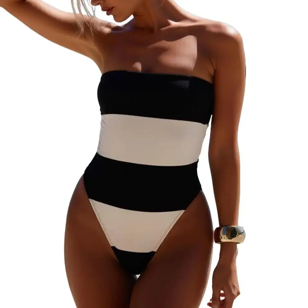 Women's Black and White Stripes Colorblock Modern Elastane-Polyester 1-Piece Swimsuit - Strapless, Backless, Tummy Control, High Cut, Quick Dry, Minimalist, Shape Retention, Full-Coverage Slimming, 80% Polyester, Elastic Fabric for Beach, Pool