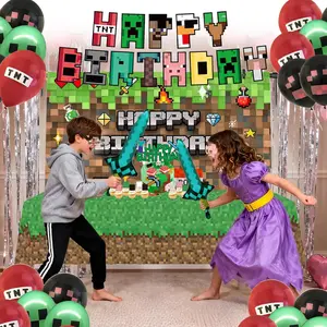 73 count Pixel  Birthday Party Decorations for Boys, Pixel party supplies Kit, Gaming-Themed Birthday supplies Set including Banner, Tablecloth, Sword Foil Balloons, Cupcake Toppers.