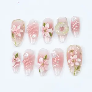 Romantic Pink Floral Almond Press On Nails With 3D Flowers, Gold Accents, Pearl, Ring Details, Handmade Luxury Nail Set for Gifts And Events