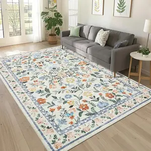Washable Living Room Rug 9x12 Farmhouse Floral Accent Rug with Non-Slip Backing, Stain-Resistant Soft ，for Dining Room, Bedroom, Kids Room, Green Decorative Rugs Soft Area Rug, Low Pile Rugs, Machine Washable Rugs