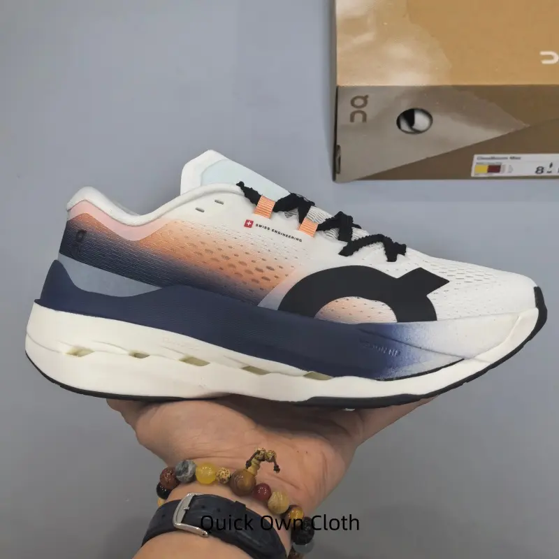 Unisex White Orange Navy Sunset Gradient Running Sneakers, Quick Dry Stretch Air Mesh Upper, High Rebound Cloud Foam Midsole, For Daily Jogging, Walking & Gym Training