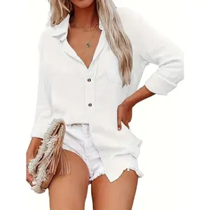 Women's Bamboo Cotton Linen V-neck Buttons Bottom Blouse Long/Roll up Sleeve Casual Collared Work Blouse Top