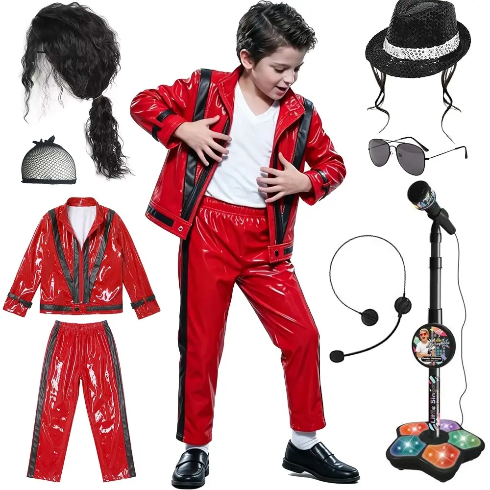 Boys Michael Red Leather Jacket Pant Set Jackson Halloween Scary Night 80s Vintage Pop Singer Thriller Party Performance Costume