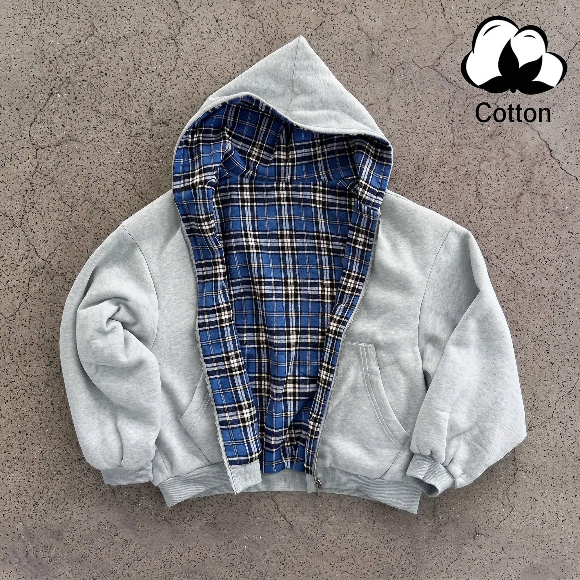 Unisex cotton zip-up hooded jacket, plaid reversible sweatshirt outerwear with pockets, loose street-style design, suitable for everyday wear, travel, and outdoor leisure.