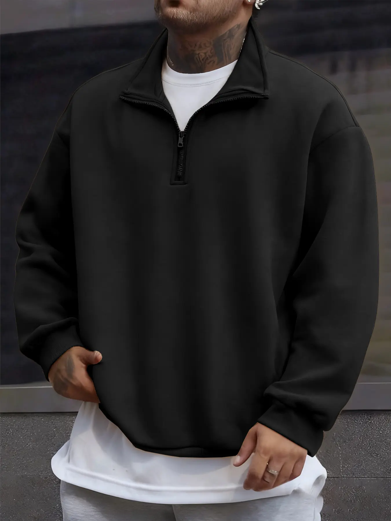 Men's Fall Winter Casual Hoodie, Half-Zip Stand Collar, Loose Fit, Plain Pattern, Fashionable Design, Perfect for Daily Wear