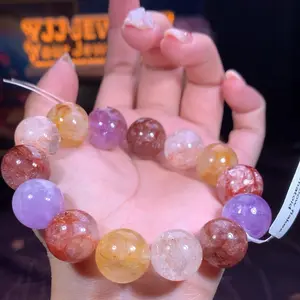 【Rainbow flakes Hematoid】(Random shipping)Rainbow flakes Hematoid round shape bracelet, smooth cut stone multicolor color gem energy stretch bracelet