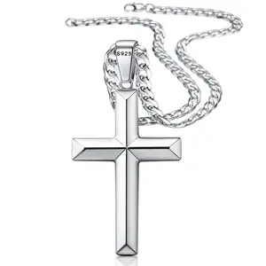 Fansilver 925 Sterling Silver Cross Pendant with Stainless Steel Cuban Chain Necklace Link Polished Beveled Edge Cross Chain Cross Necklace for Men Women 18-30 Inches Jewelry Summervibes