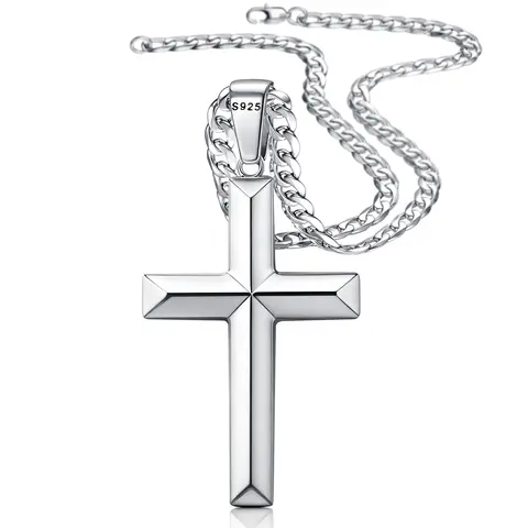 Fansilver Sterling Silver Cross Pendant Necklace for Men with Stainless Steel Beveled Cuban Chain, Hypoallergenic Nickel-Free Spiritual Jewelry, Secure Clasp, Gift Box & Microfiber Cloth, 18-30 in