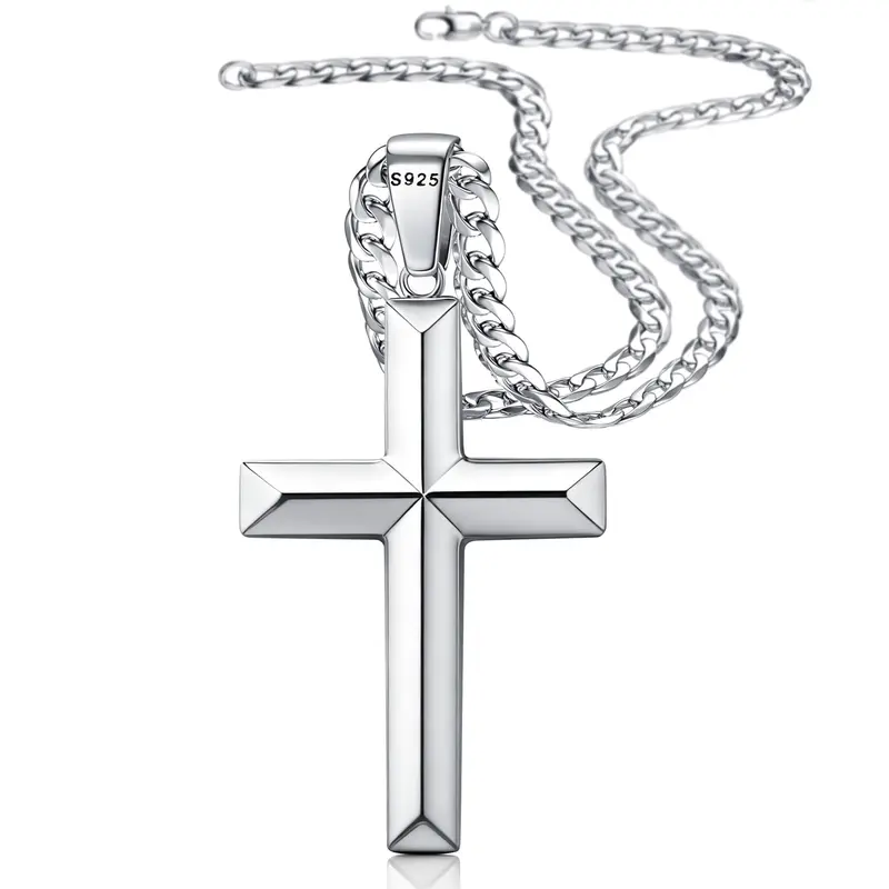 Fansilver Sterling Silver Cross Pendant Necklace for Men with Stainless Steel Beveled Cuban Chain, Hypoallergenic Nickel-Free Spiritual Jewelry, Secure Clasp, Gift Box & Microfiber Cloth, 18-30 in