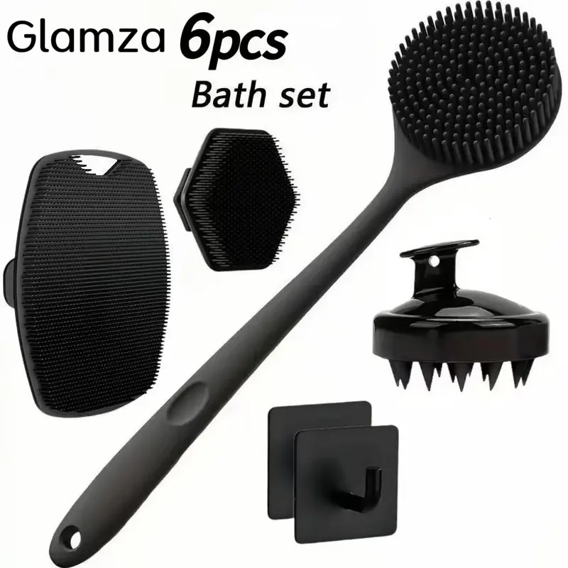 Glamza 6 Pcs Shower Brush Set, Body Care Tool, FrostedLong-Handle Body Brush with Silicone Soft Bristles,for Back, Body Massage, Non-Slip Grip ExfoliatingShower Scrubber, Silicone Bath Brush for EffectiveSkin Cleansing and Dead Skin Removal