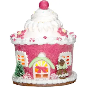 Pink Light Up LED Gingerbread House Decorations Xmas Village Candy House Ornaments Desktop Adornment for Christmas Decor