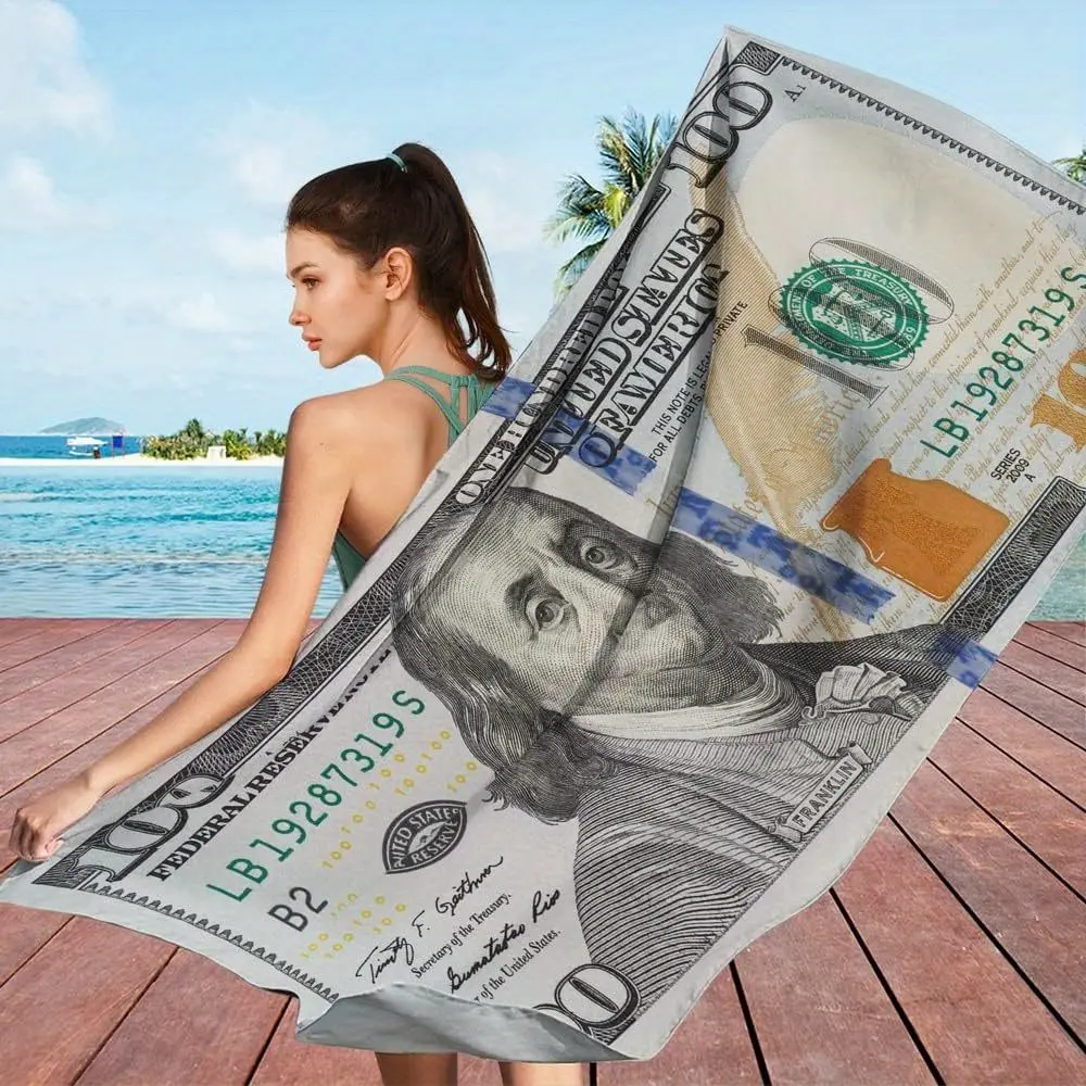 White 100 Dollar Bill Patterned Beach Towel Microfiber Soft Boys Beach Towels Large Size Bath Pool Spa Travel Funny Beach Towel Bathroom Towels Set 27.5x 55.1'' Quick Dry Sand Proof Lightweight