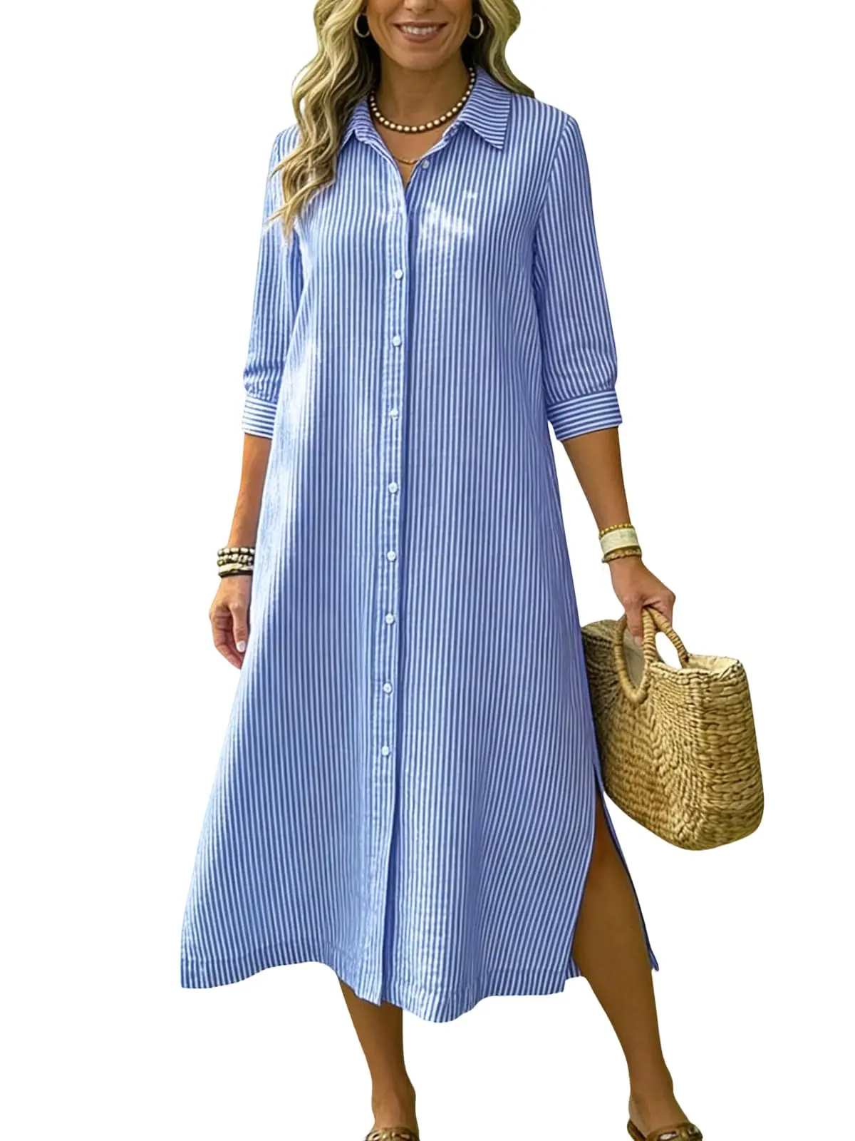 Ebossy Women's Loose Striped Shirt Dress Button Down 3/4 Sleeve Side Slit Flowy A Line Mid Long Boho Dress with Pockets