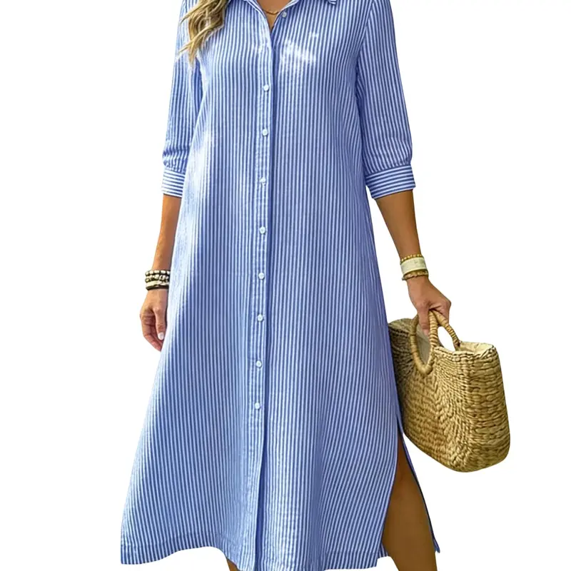 Ebossy Women's Casual Boho Collared 3/4 Sleeve Button-Down Loose Striped A-Line Mid-Long Flowy Side Slit Dress with Pockets, Boho Fashion Apparel, Loose Dress