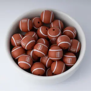 Dark Orange American Football Silicone Beads Printed Round Silicone Beads