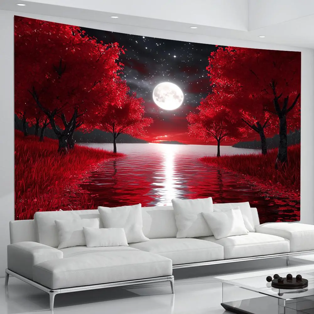 Flat Red Moonlit Night Red Mangrove Lake Scenery Tapestry, Bedroom And Living Room Decoration Cloth, Art Wall Cloth Background Cloth, Suitable For Home Decoration, Adding A Romantic Atmosphe