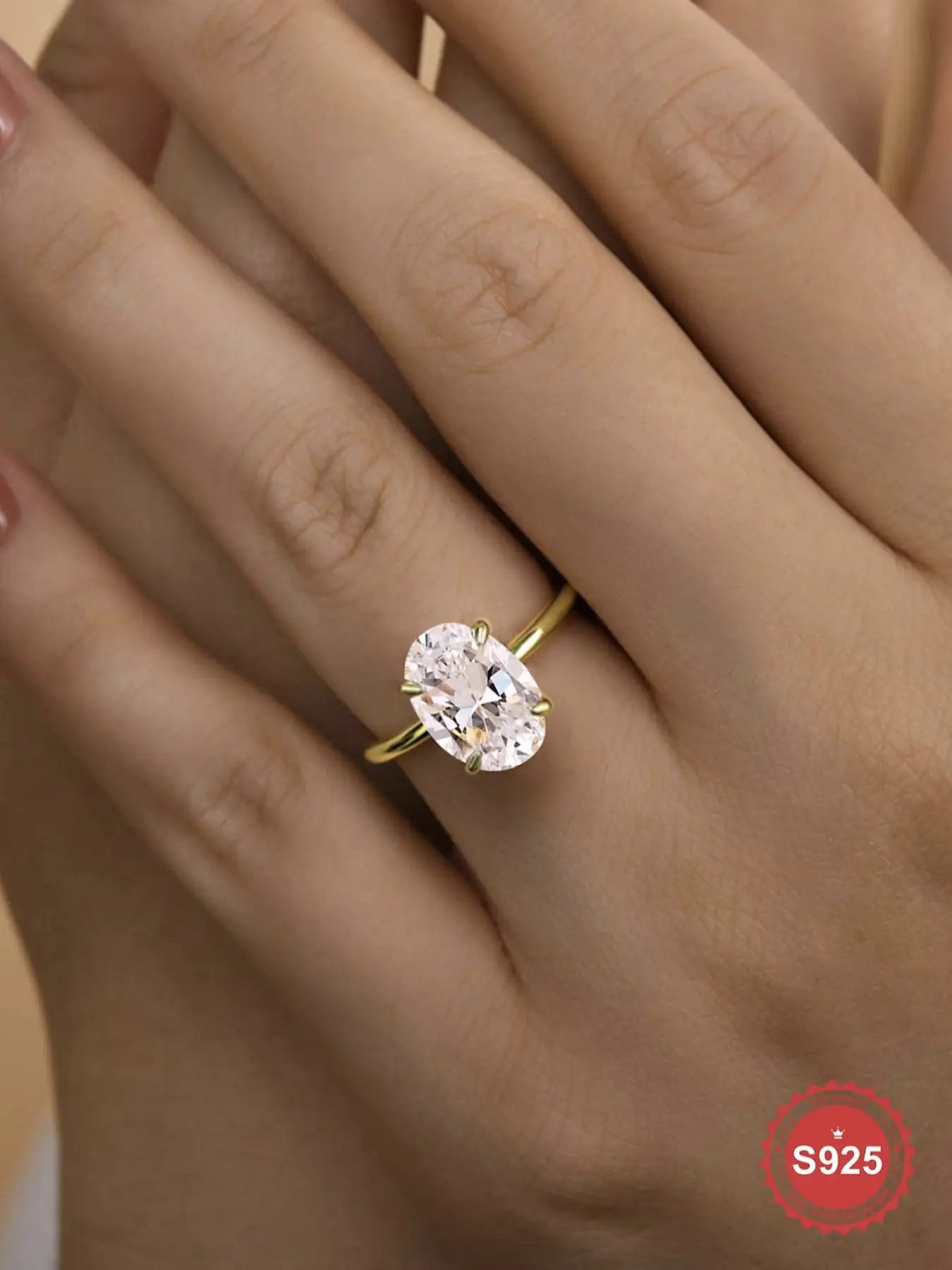 S925 Sterling Silver Oval Shaped Engagement Ring, Gold Plated Synthetic Moissanite Ring, Exquisite Jewelry Gift for Women & Girls