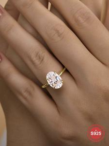 s925 sterling silver oval shaped engagement ring, gold plated synthetic moissanite ring, exquisite jewelry gift for women & girls