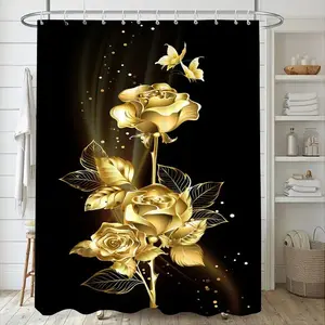 [Quick Delivery] Background Gold Flower Design Shower Curtain, Bathroom Curtain, Durable Polyester Material, Multiple Sizes Available, Easy Care, Waterproof, Includes Hooks
