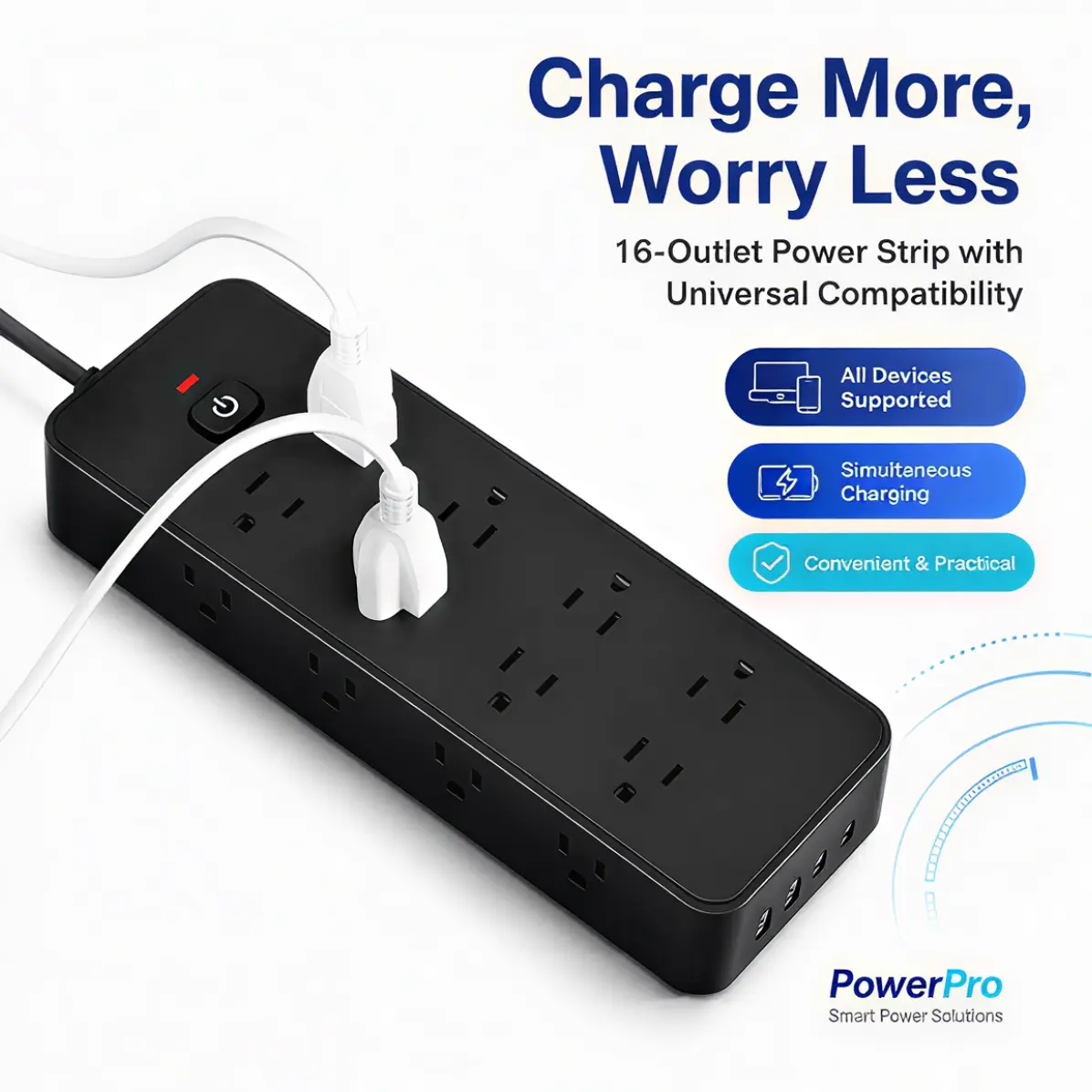 16 Outlets Black Power Strip with 2 USB & 2 PD USB-C Fast Charging Ports, Surge Protected Extension Cord with Master Power Switch