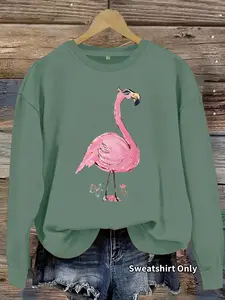 Women's Casual Hoodie with Flamingo Print, Round Neck, All-Season Knit Fabric, Comfortable Daily Wear
