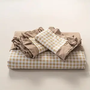 Light Brown/white Plaid Plate, Ruffled Duvet Cover Set, Country Pastoral Retro Chic Bed Double/queen Size, 3pcs Set (one Quilt Cover + Two Pillowcases), Suitable for All Seasons, Zipper Closure, Soft And Light Light Beige-friendly Fabric