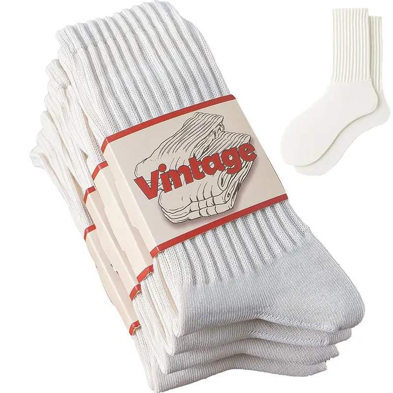 4 Pairs Natural 98% Cotton Crew Socks - Seamless, Breathable, Cozy Fall & Winter Socks for Women & Men