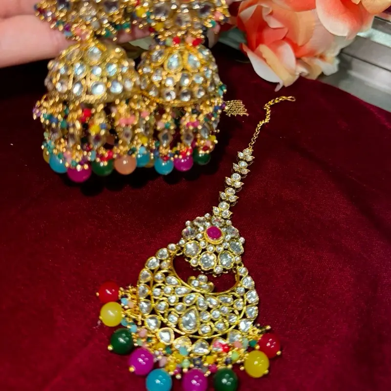 Women's Multicolor Jhumka & Tikka Jewelry Set - Traditional Ethnic Wear Accessory for Festivals, Weddings