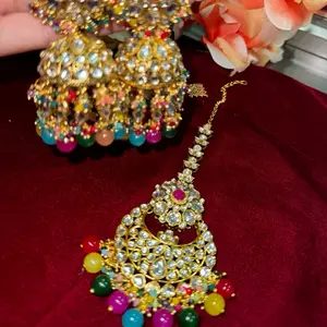 Women's Multicolor Jhumka & Tikka Jewelry Set - Traditional Ethnic Wear Accessory for Festivals, Weddings