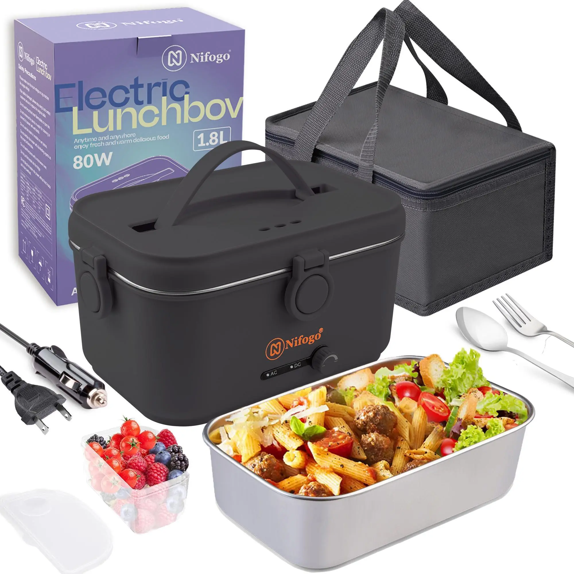 1.8L Thermal Reusable Leakproof Lunch Box - 304 Stainless Steel, Fast Heating Food Warmer, 110V-12V-24V Multi-Voltage, Double-Layered, Picnic-Ready with Fork, Spoon & Storage Bag for Adults (Car, Office Use), Reusable Lunch Box, Leakproof Lunchbox