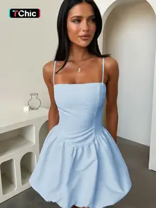 Pure Color Elegant Waist Cinched Short Puffy Hem Strap Dress, Fitted Sleeveless Design, Perfect for Casual & Formal Occasions Womenswear