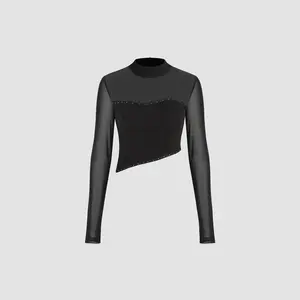 Cider [size 2-10] Mesh Stand Collar Asymmetrical Rivet Patched Long Sleeve Top