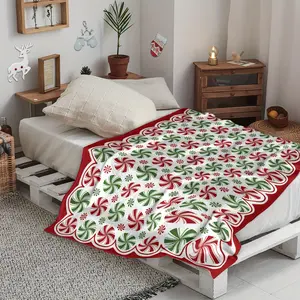1pc flannel Holiday season winter candy canes peppermint blanket festive red green white soft holiday throw blanket suitable for xmas winter living room bedroom sofa room decoration gift for classmates and friends