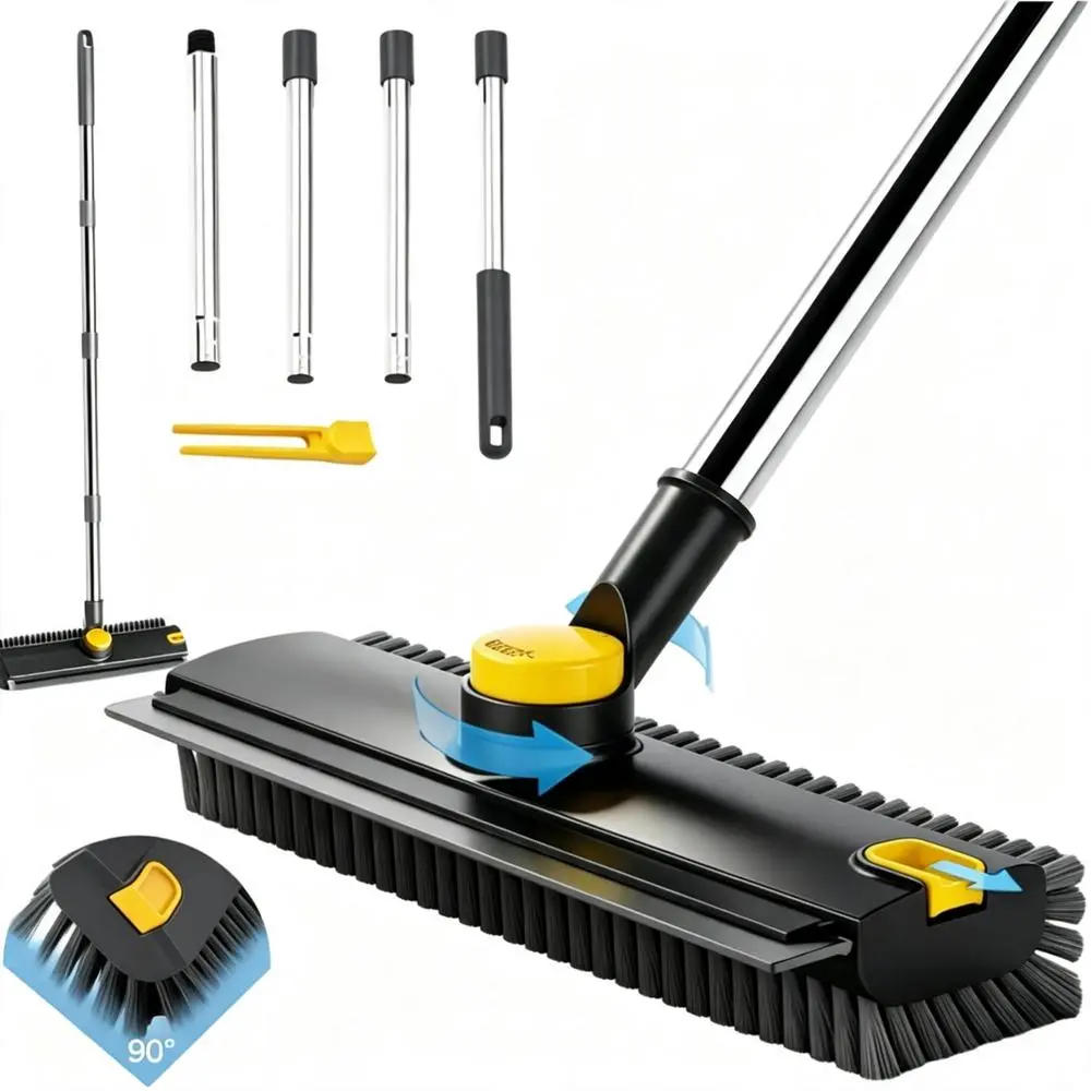 360-Degree Spin 3-in-1 Floor Cleaning Scrub Brush with Adjustable Stainless Steel Pole, Pre-Installed Squeegee & Rigid Stiff Bristles, Durable Indoor/Outdoor Home Care Tool for Bathroom, Patio (Black&Yellow), Adjustable Pole