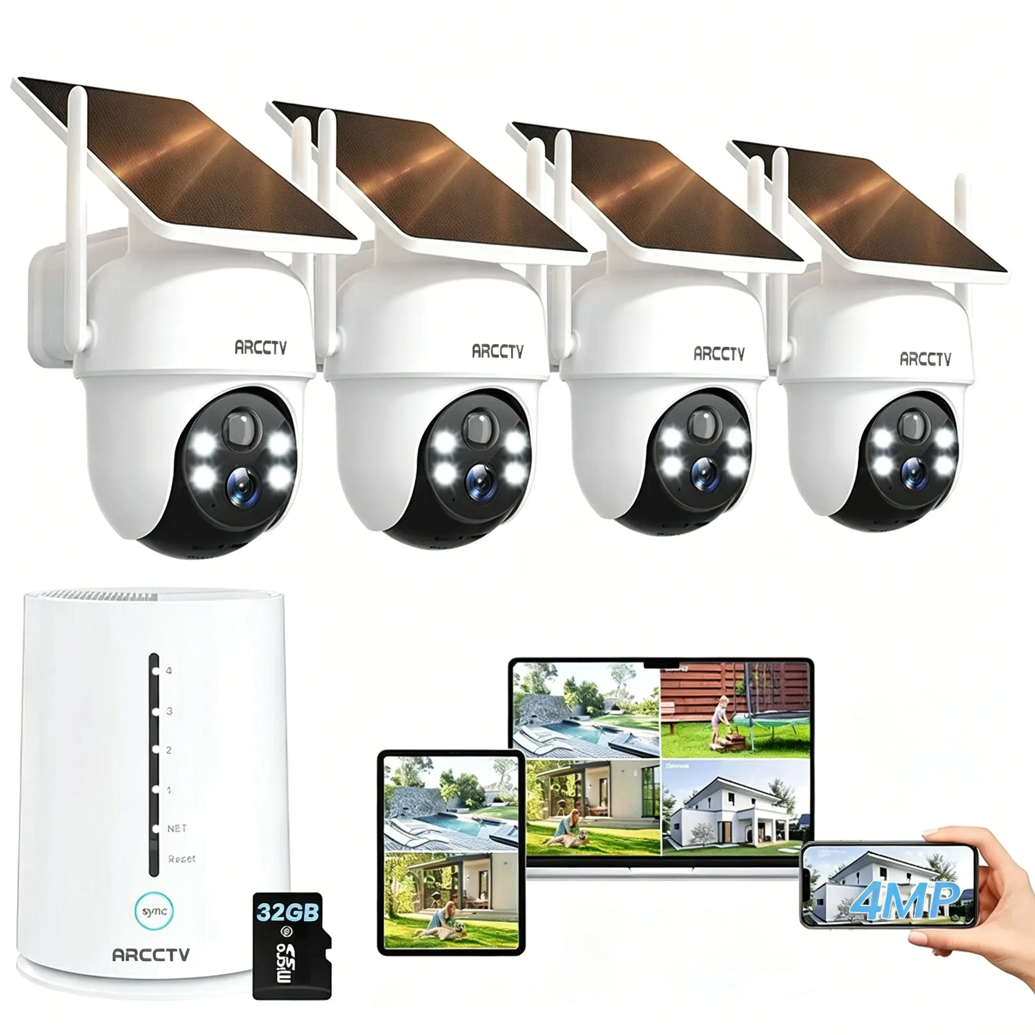 ARCCTV 4CH Solar Security Camera System Wireless Outdoor,WiFi,Color Night Vision,Alarm Push,2 Way Talk,Expandable Local Storage,IP65 Waterproof