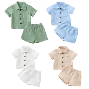 Baby Boys Clothes Set Toddler Infant Boys Button-down Shirt Tops + Cotton Gauze Shorts Summer Outfit 2PCS with Pockets