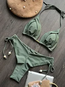 Two-piece Set Women's Solid Color Bikini Set, Casual Fashion Chic Swimsuit Set for Beach Holiday Vacation, Ladies Swimwear for All Seasons, Swimsuit Style