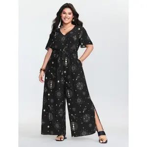 BLOOMCHICPlus Size Supersoft Celestial Print Waist-Tie Rayon Overalls - , Smooth Fabric, Pockets, Sleeves, [M-6X]2026 Summer Vibes