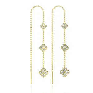 Tewiky Gold Four Leaf Clover Earrings for Women, CZ Clover Threader Earrings, Lucky Charm Dangle Earrings, Sparkly Gold Earrings, Dainty Jewelry, Aesthetic Earrings, Waterproof Jewelry, Trendy Fashion Jewelry, Gift for Her