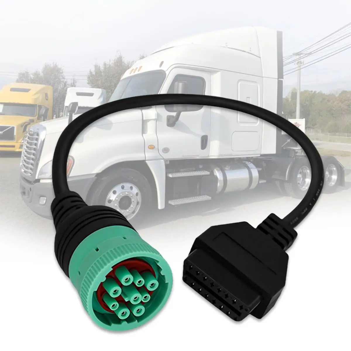9 Pin to 16 Pin OBD2 Adapter  for Heavy Duty  and Commercial ,Type 2 Green J1939 Diagnostic Connector Plug Work with  OBD Diagnostic Scanner Tool