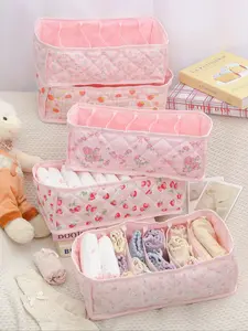 Cute Strawberry Underwear Socks Portable Storage Basket, Quilted Floral Foldable, Large Capacity Partition Bin, Fabric Home Storage, Room Organization Products