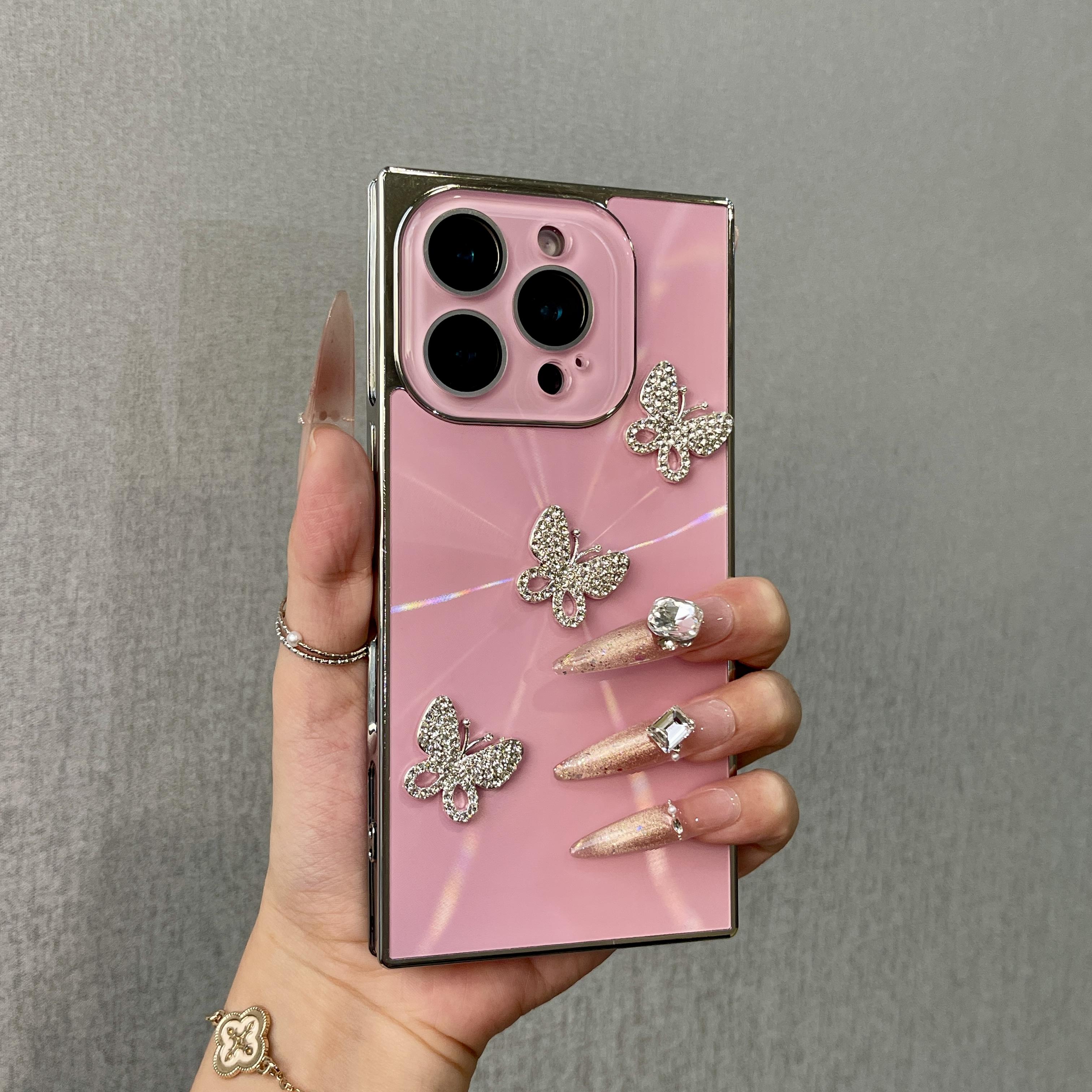 Luxury 3D Rhinestone Butterfly Square Edge Phone Case, Bling Glitter Electroplated Full Camera Protection Shockproof Cover for junk