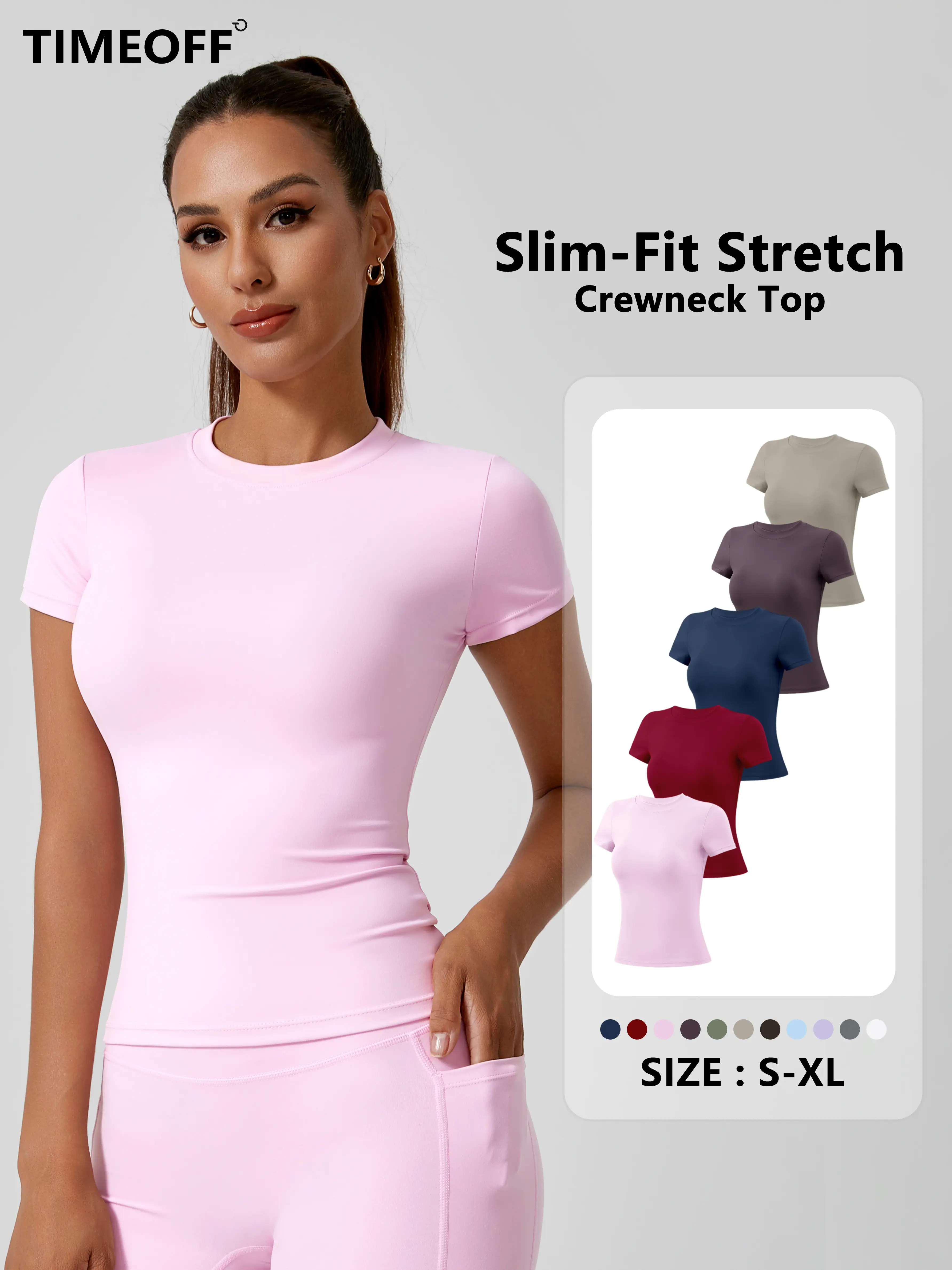 [TIMEOFF] Women Crewneck Short Sleeve Workout T-Shirt, Slim Fit High Stretch Fabric, Soft Breathable, No See-Through & Anti-Wrinkle, Prevent Loose Sagging, Perfect for Yoga, Gym Training, Running and Daily Casual Active Wear