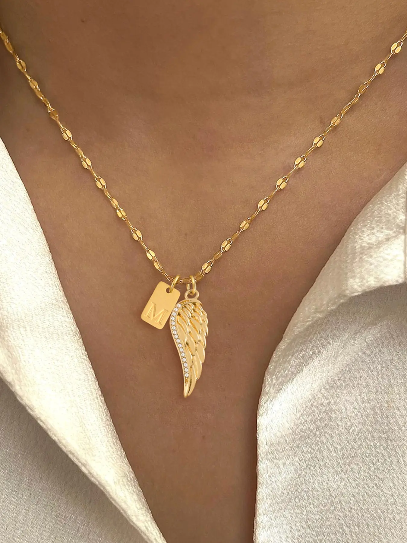 Women's Classic Stainless Steel Necklace, Rectangular Initial Angel Wing Pendant, Casual Lip Chain Design, All Seasons Wear, Initial Letter Necklace, Angel Wings Necklace, Chain Necklaces, Alphabet Letter Necklace